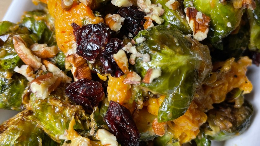 Roasted Brussels + Butternut Squash with Almond Butter-Maple Syrup Glaze